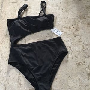 Black Ribbed Cut Out One Piece Swimsuit Size M